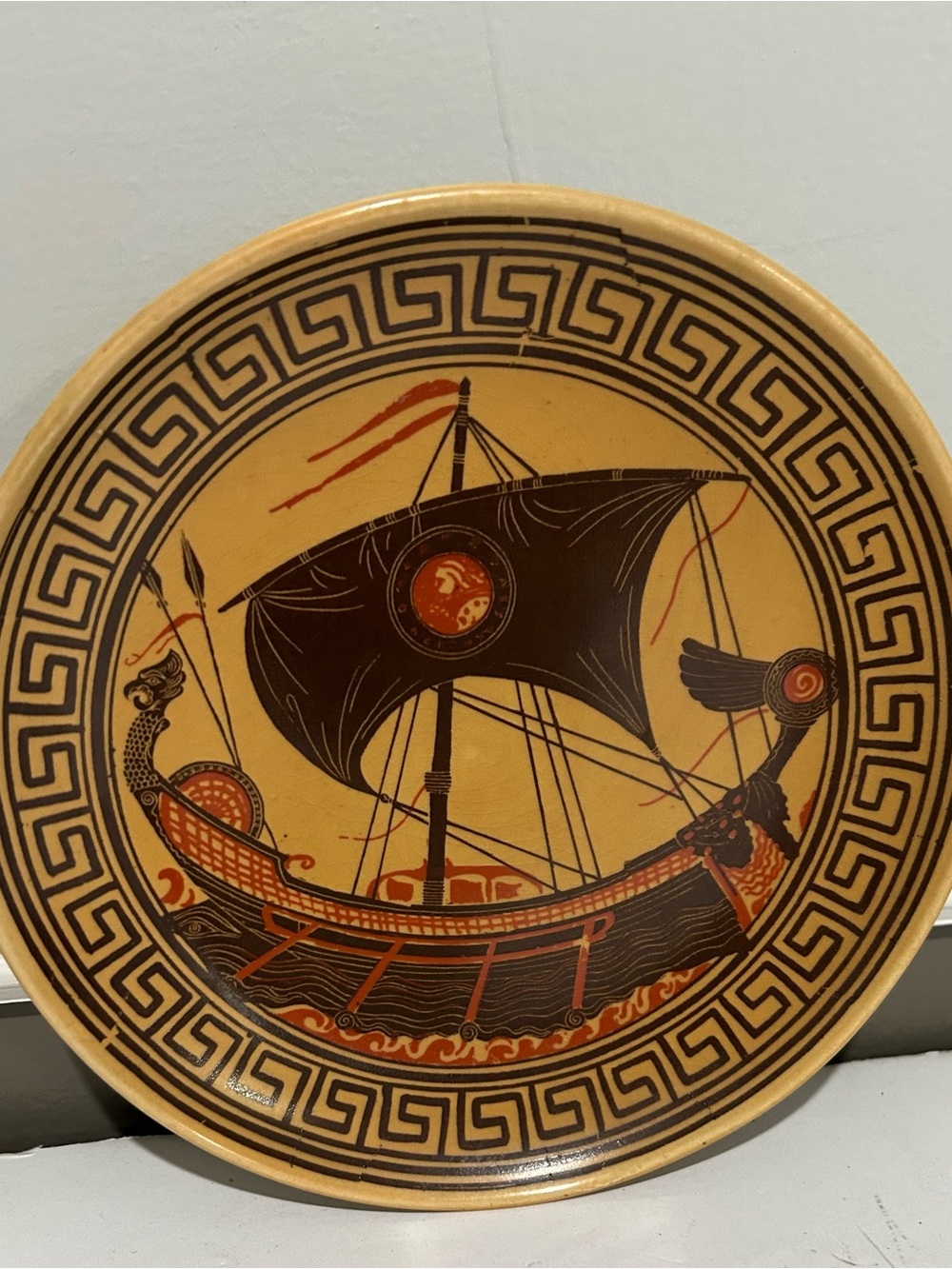 Hand-Painted Ceramic Greek Ship‎ Plate in Black and Terracotta